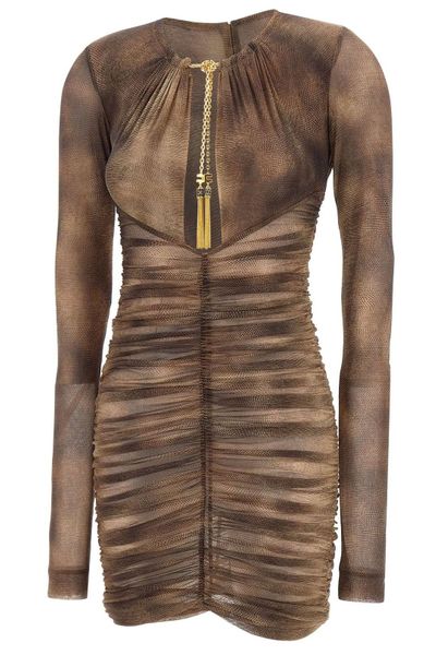 Elisabetta Franchi Printed Gathered Cut-Out Neckline Dress