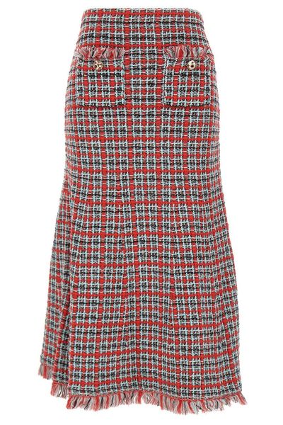 Self-Portrait Checked Frayed Knitted Midi Skirt