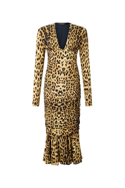 Roberto Cavalli Leopard-Printed V-Neck Midi Dress