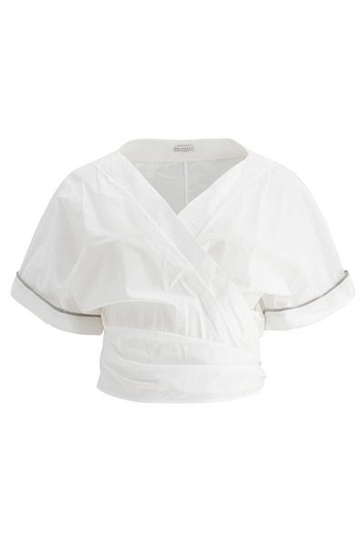 Brunello Cucinelli Shiny Trim Poplin Kimono-Style Top