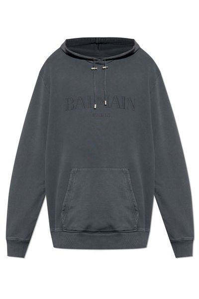 Balmain Logo Embroidered Vintage Drawstring Hoodie
