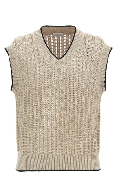 Brunello Cucinelli Embellished Openwork Rib Sweater Vest