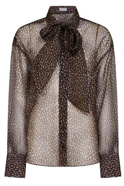 Brunello Cucinelli Polka Dot Tie-Neck Shirt