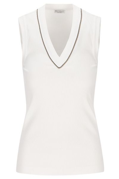 Brunello Cucinelli Shiny Pip Ribbed Jersey Top