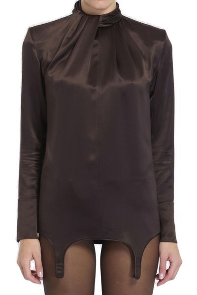 Saint Laurent Twist-Neck Garter Blouse