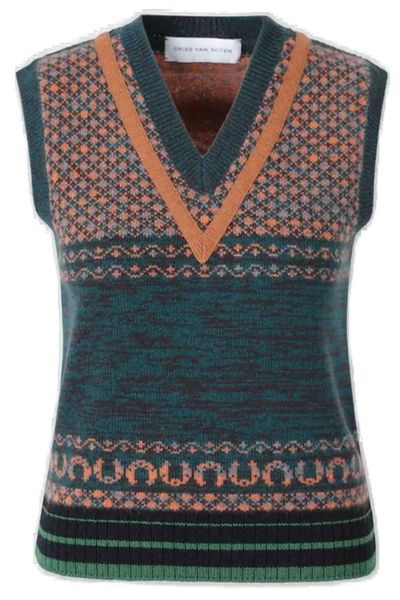 Dries Van Noten V-Neck Jacqaurd Knitted Vest