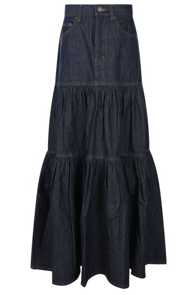 Saint Laurent Logo Patch Denim Long Skirt