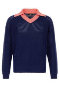 Fendi Contrast V-Neck Ribbed-Knit Polo Top