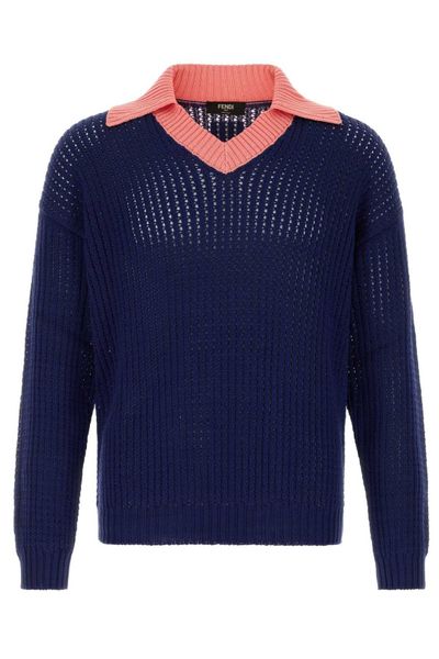Fendi Contrast V-Neck Ribbed-Knit Polo Top