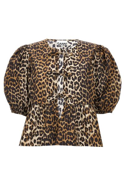 Ganni Printed Peplum Tie Blouse
