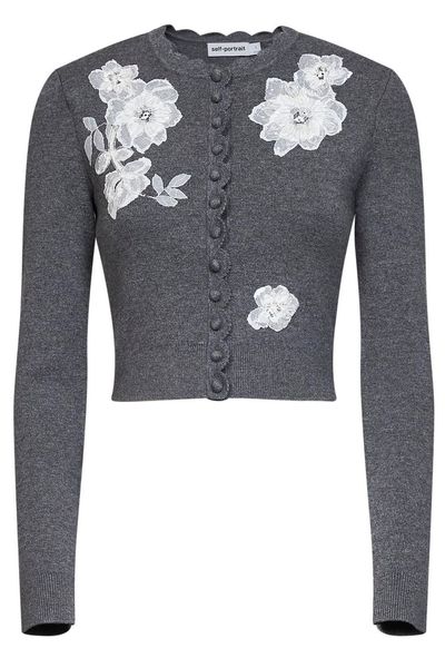 Self-Portrait Floral Lace Cropped Knitted Cardigan