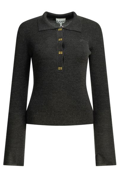 Ganni Ribbed Logo Polo Knitted Sweater