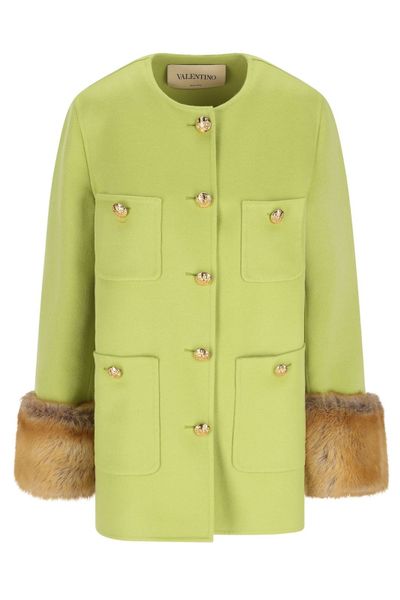 Valentino Buttoned Fur-Cuff Coat