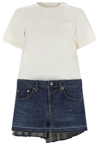 Sacai Pleated-Back Crewneck Denim Dress