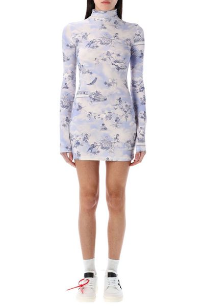 Off-White All-Over Printed High Nek Mini Dress