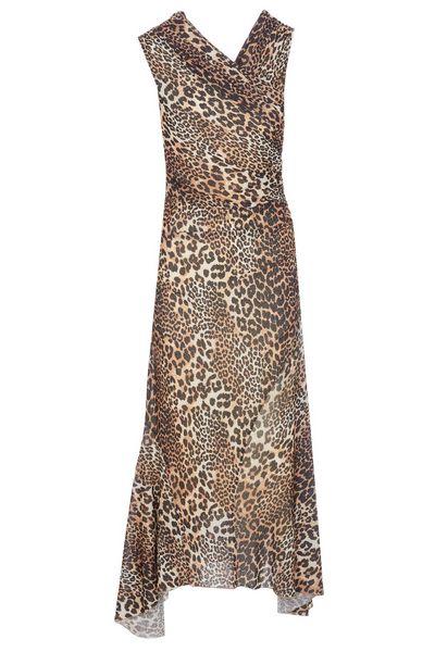 Ganni Leopard Ruched V-Neck Dress