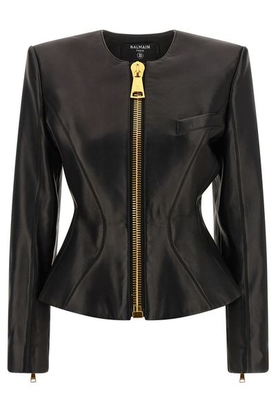 Balmain Peplum Zip-Detail Leather Jacket