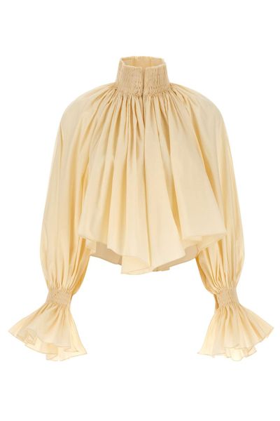 Khaite Durer Smocked Puff-Sleeve Crop Top