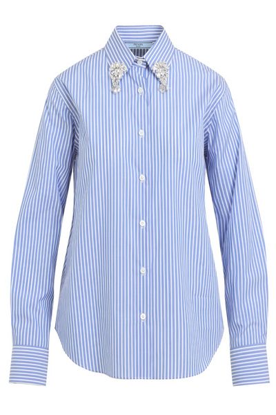 Prada Embellished Long Sleeved Striped Shirt