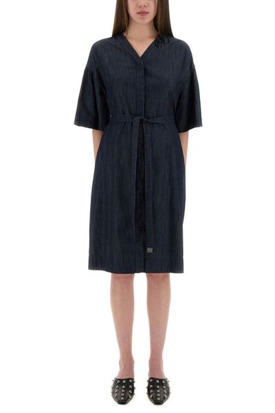 'S Max Mara V-Neck Embellished Belt Denim Mini Dress