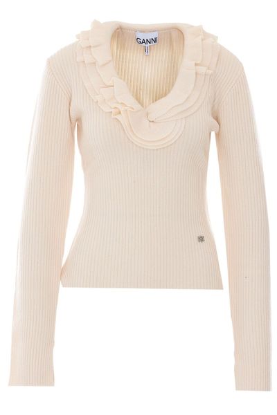 Ganni Egret Ruffled V-Neck Knitted Top