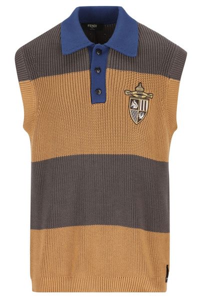 Fendi Logo Embroidered Striped Knitted Polo Shirt