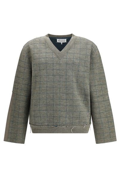 Maison Margiela Long Sleeve V-Neck Grid-Pattern Jumper