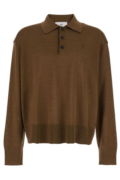 AMI Paris Logo Embroidered Long-Sleeved Polo Shirt