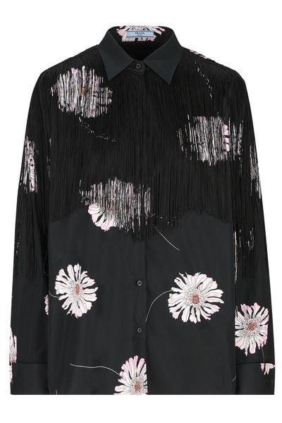 Prada Rose-Printed Long-Sleeved Fringed Shirt