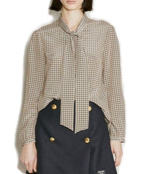Prada Houndstooth-Jacquard Pussy-Bow Detailed Blouse