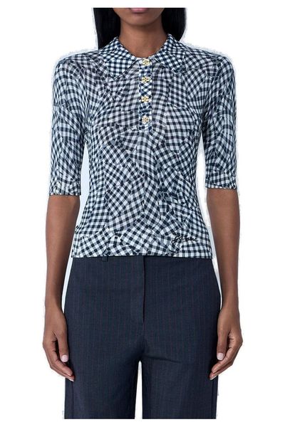 Ganni Sheer Printed Checked Polo Shirt