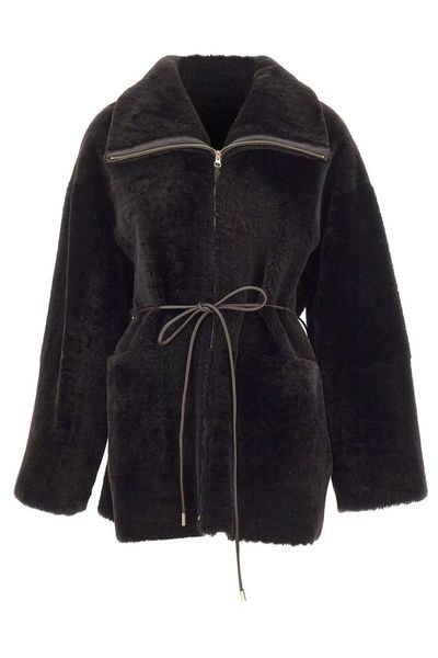 Novelle Patty Short Belted Shearling Coat