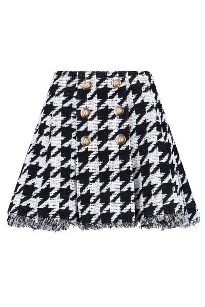 Balmain Button Embellished Houndstooth Tweed Mini Skirt