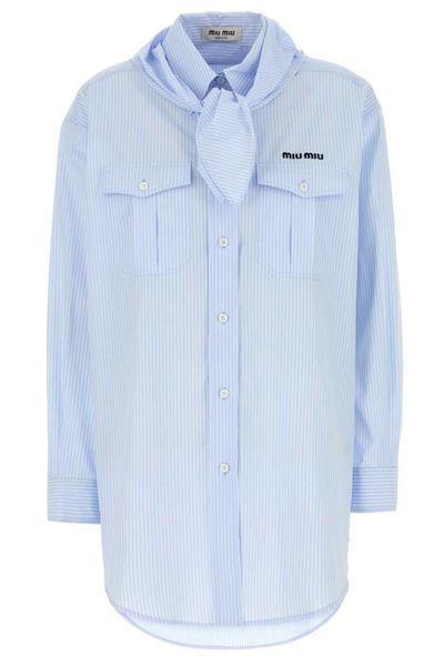 Miu Miu Scarf-Detailed Striped Poplin Shirt