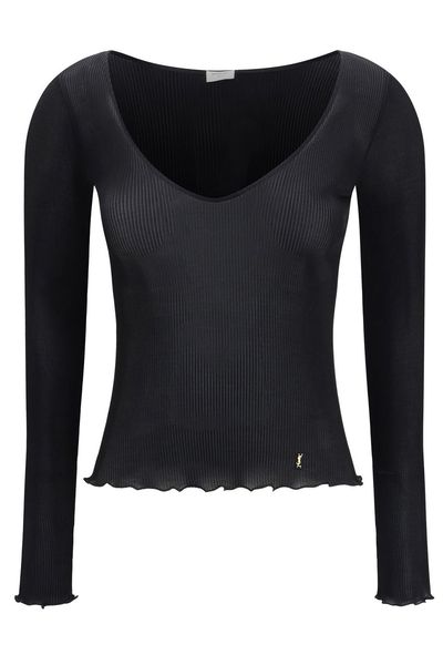 Saint Laurent Cassandre V-Neck Ribbed Top