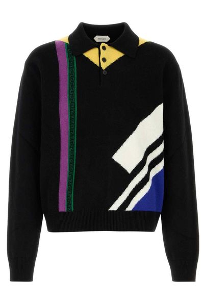 Versace Intarsia Long Sleeved Polo Knitted Top