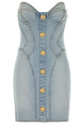 Balmain Strapless Button Detailed Denim Dress