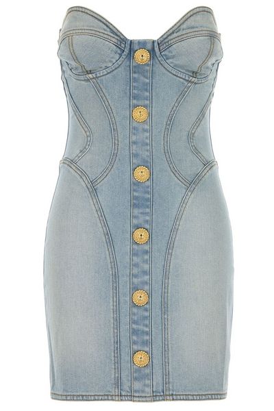 Balmain Strapless Button Detailed Denim Dress