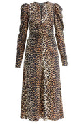 Ganni Leopard Print Satin Ruched Midi Dress