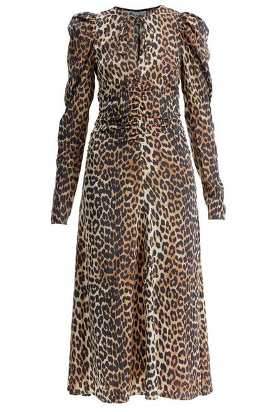 Ganni Leopard Print Satin Ruched Midi Dress