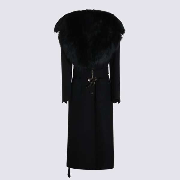 Blumarine Belted Faux Fur Trim Coat