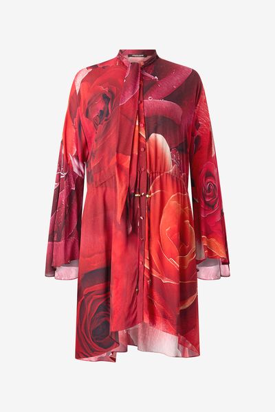 Roberto Cavalli Rose Printed Pussy Bow Mini Dress