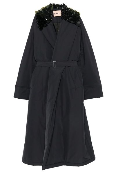 Plan C Embellished Collar Belted Coat
