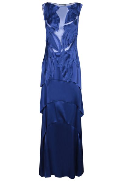 Alberta Ferretti Laser-Printed Leaves Long Satin Dress