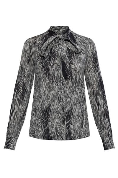 Dolce & Gabbana Fur Printed Pussy-Bow Charmeuse Shirt