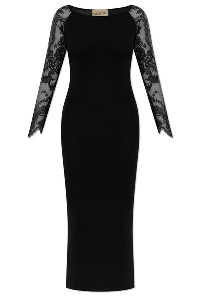 Valentino Lace-Sleeved Crewneck Maxi Dress