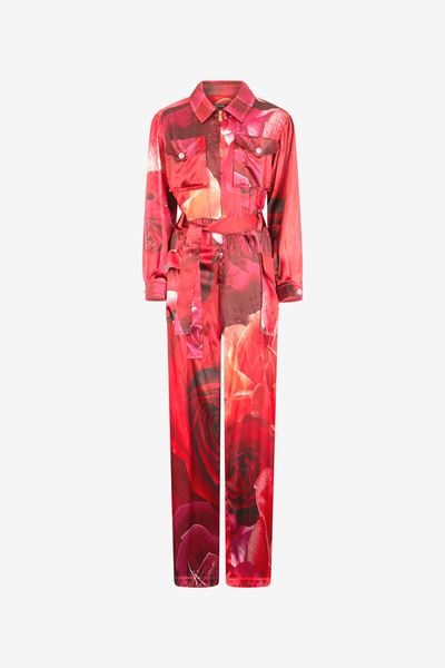 Roberto Cavalli Rose-Print Shirt-Style Jumpsuit
