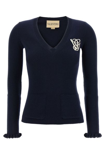 Valentino Logo Embroidered V-Neck Jumper