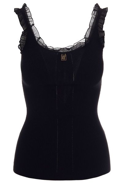 Elisabetta Franchi Logo Plaque Lace-Trim Ribbed Top