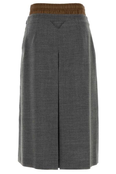 Prada Contrast Waist Front-Slit Skirt